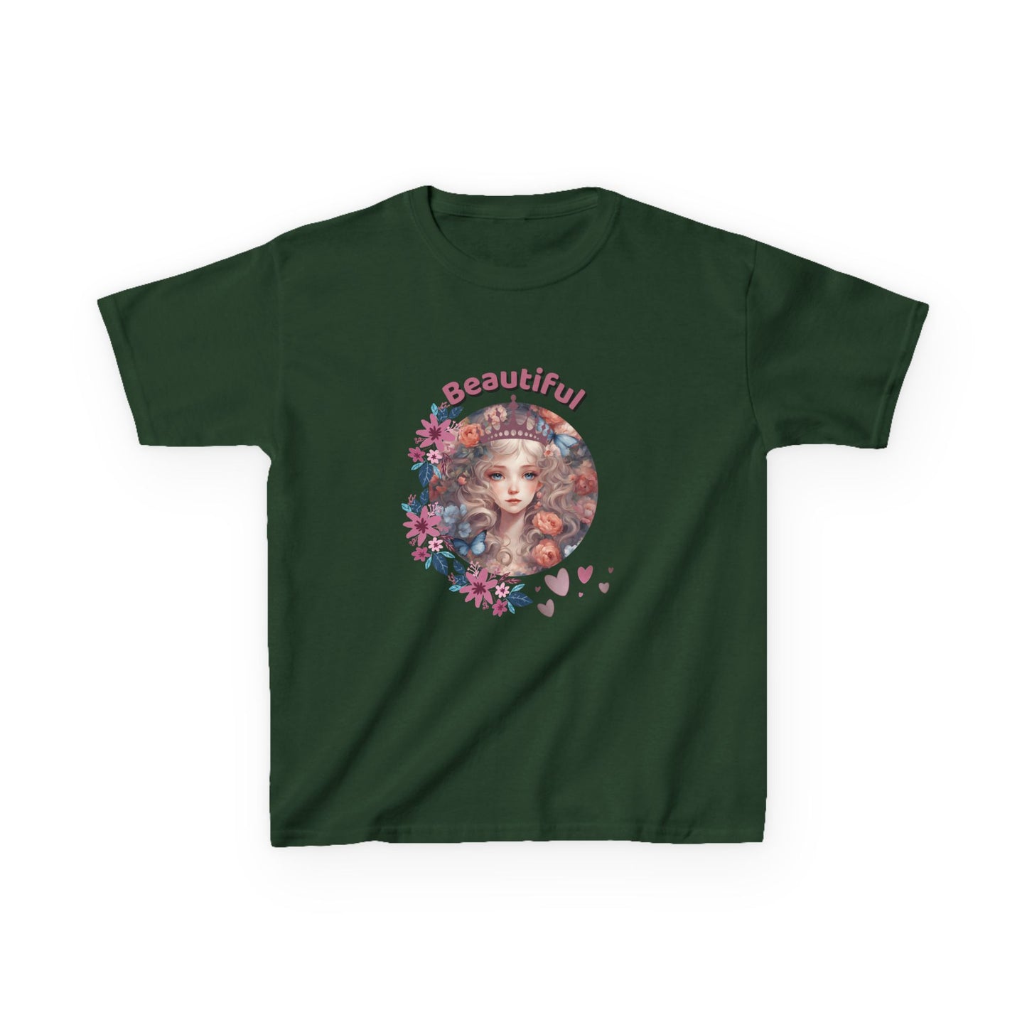 Green t-shirt with a floral design and 'Beautiful' text on a white background

