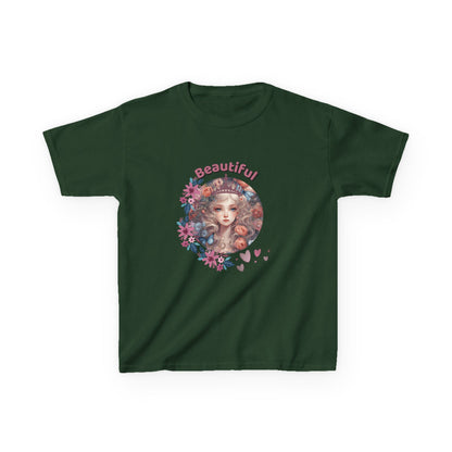 Green t-shirt with a floral design and 'Beautiful' text on a white background

