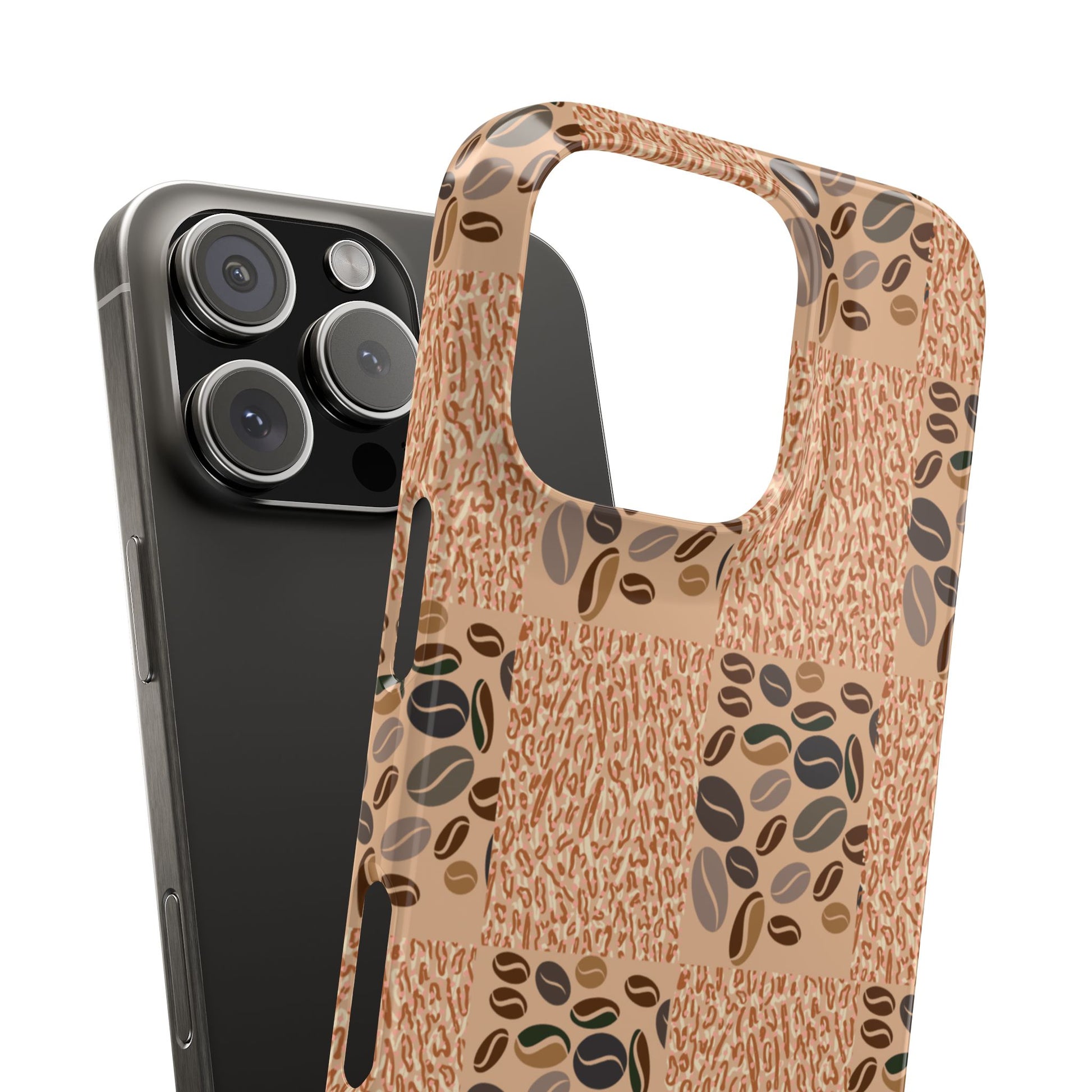 Phone case with coffee bean pattern on a white background