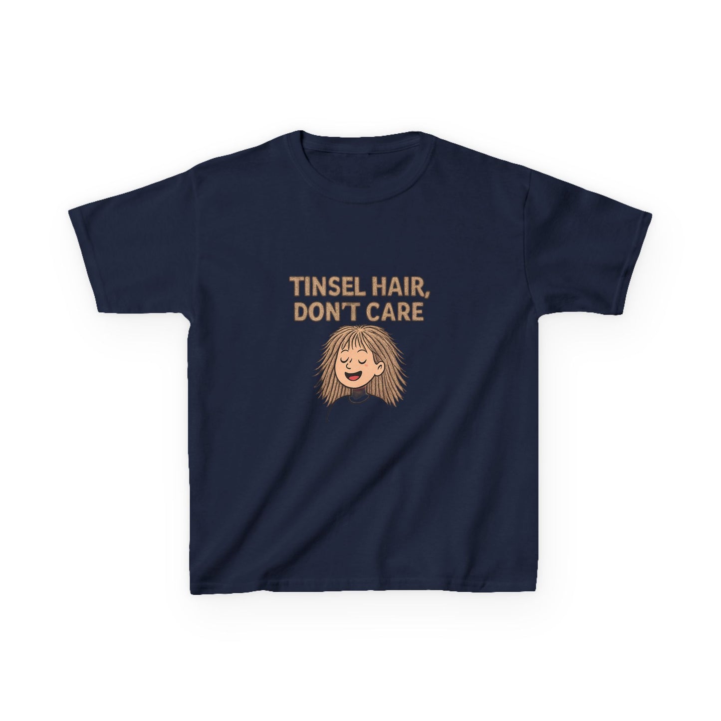 Navy blue t-shirt with 'Tinsel Hair, Don't Care' text and graphic on a white background