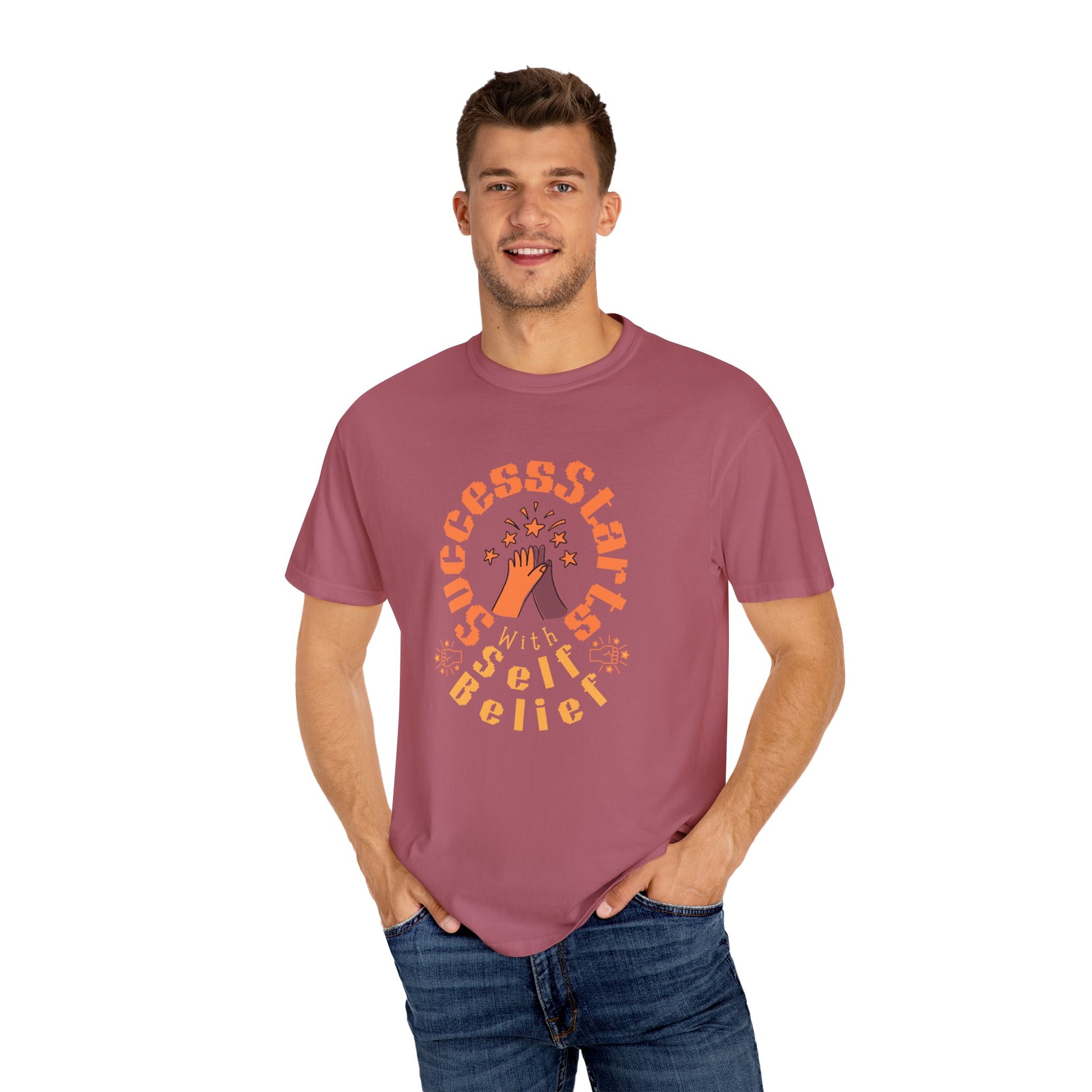 Man wearing a maroon t-shirt with motivational text and design on a white background


