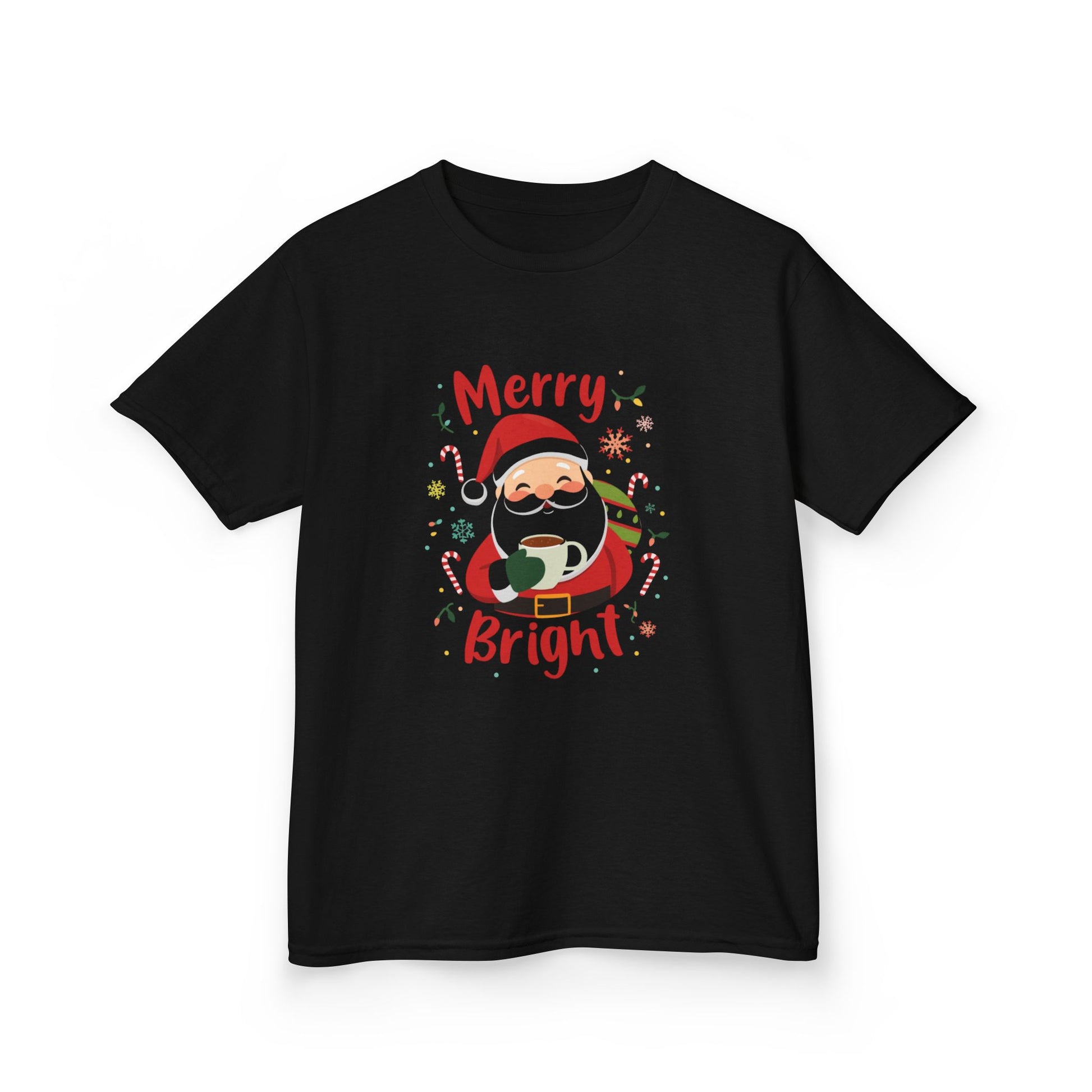 Black t-shirt with a festive design featuring Santa Claus and 'Merry Bright' text on a white background.