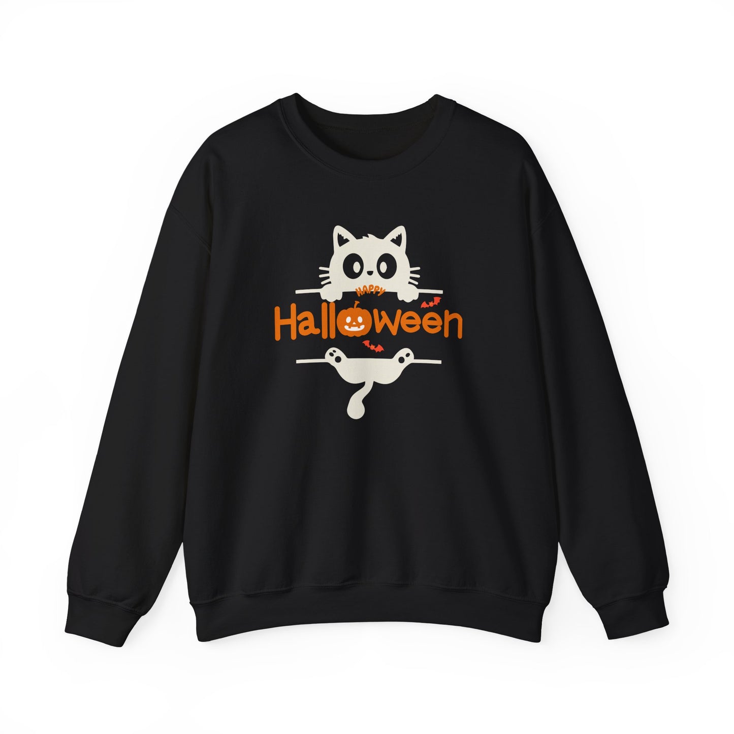 A black crewneck sweatshirt featuring a cartoon graphic of a white cat peeking over the word 'Halloween' in orange, with a jack-o'-lantern and small bats.