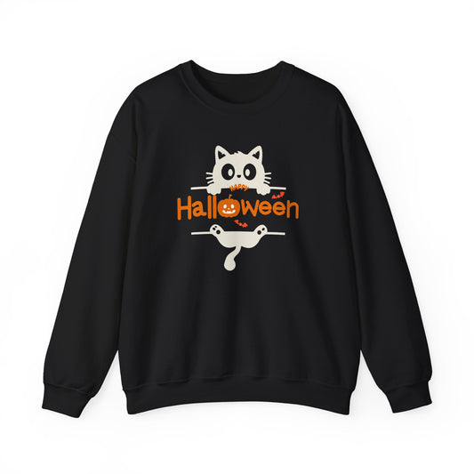 A black crewneck sweatshirt featuring a cartoon graphic of a white cat peeking over the word 'Halloween' in orange, with a jack-o'-lantern and small bats.
