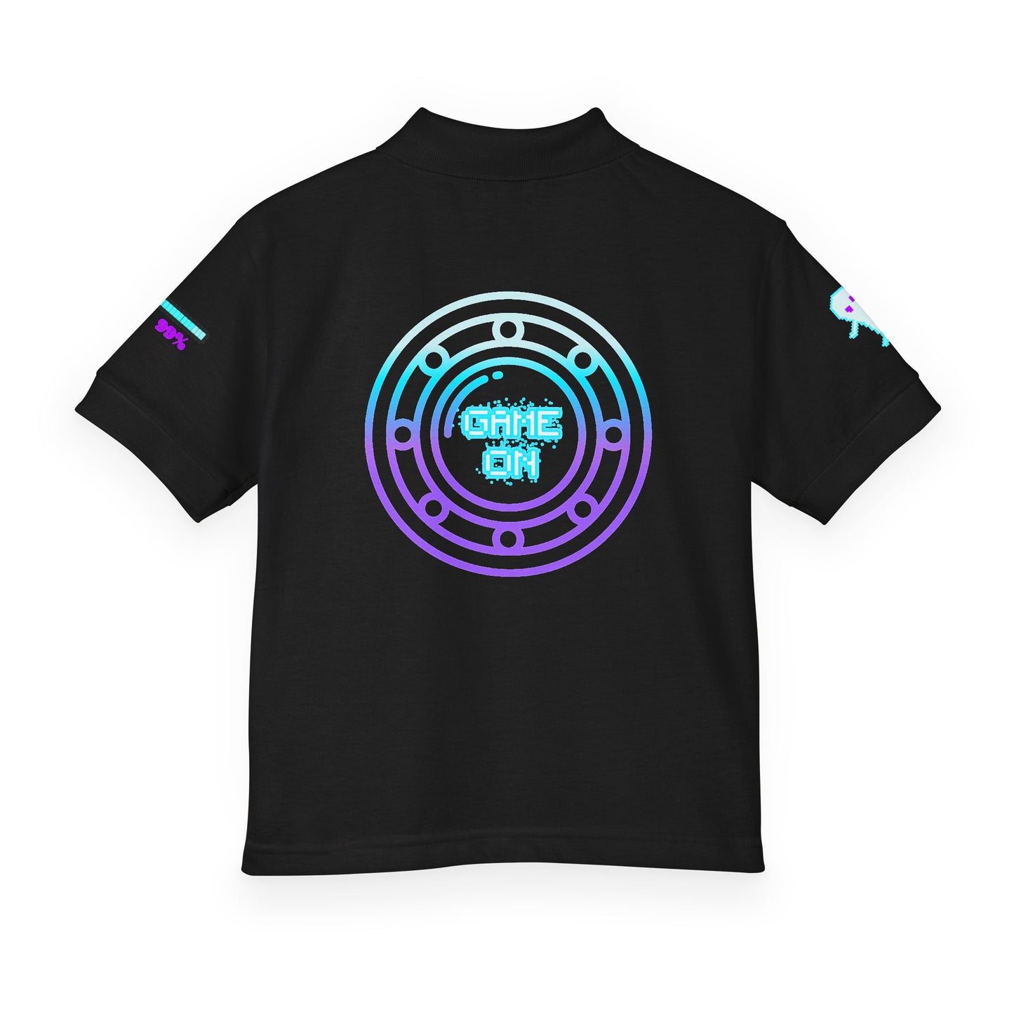 A black short-sleeve t-shirt with a large circular graphic on the back featuring a neon gradient design in blue, green, and purple with the text 'GAME ON'.