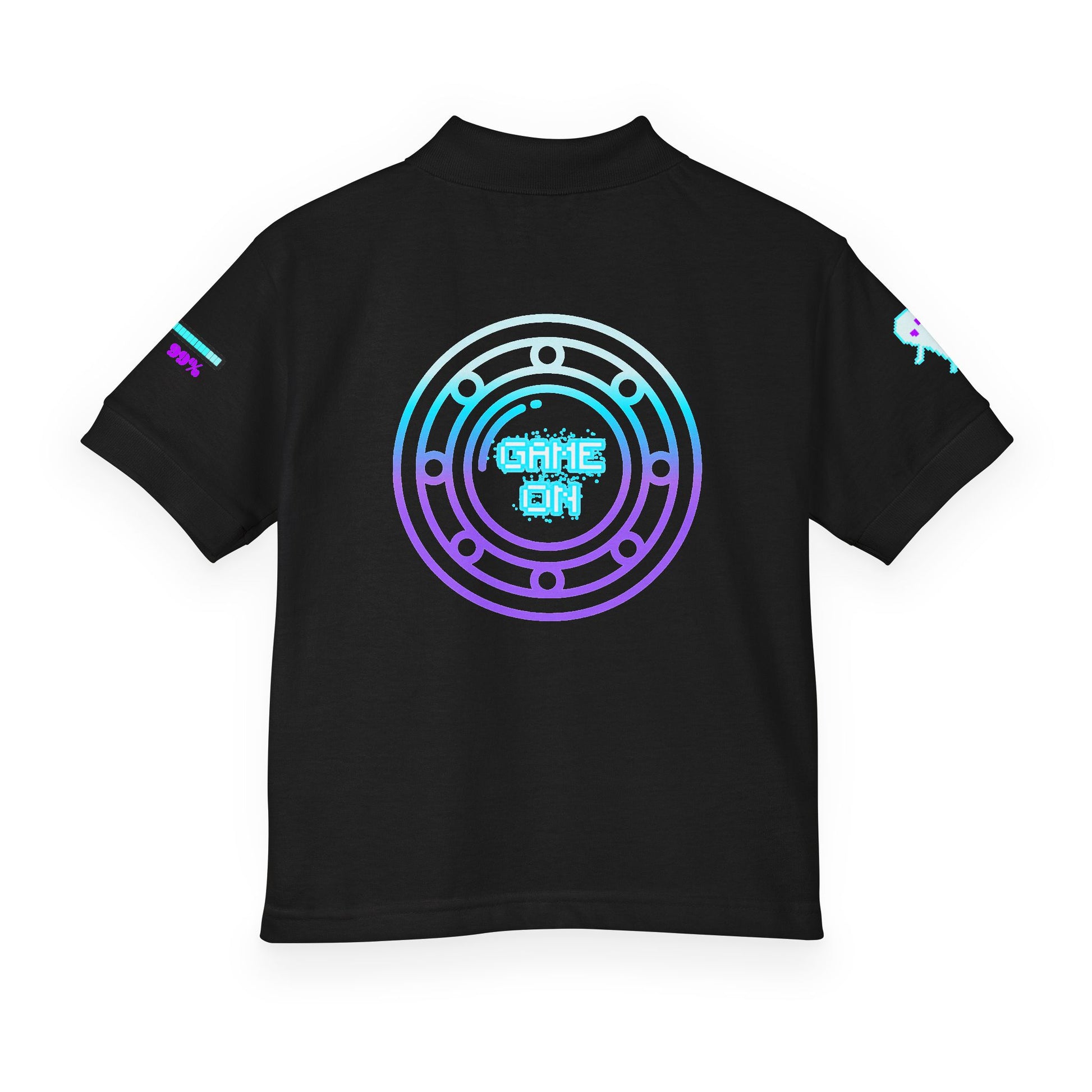 A black short-sleeve t-shirt with a large circular graphic on the back featuring a neon gradient design in blue, green, and purple with the text 'GAME ON'.