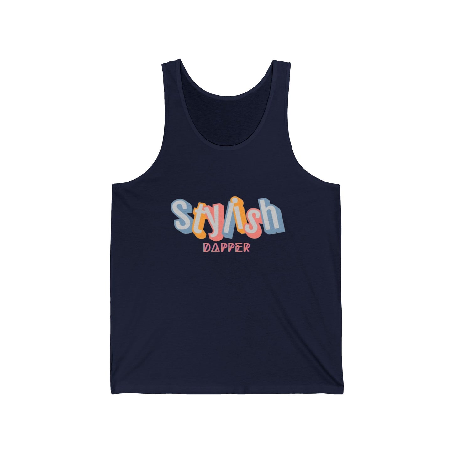 Unisex jersey tank with “Stylish Dapper” text on front