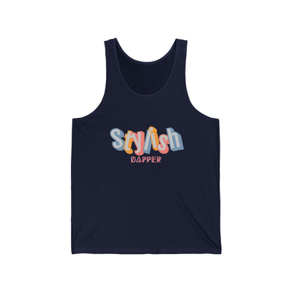Unisex jersey tank with “Stylish Dapper” text on front