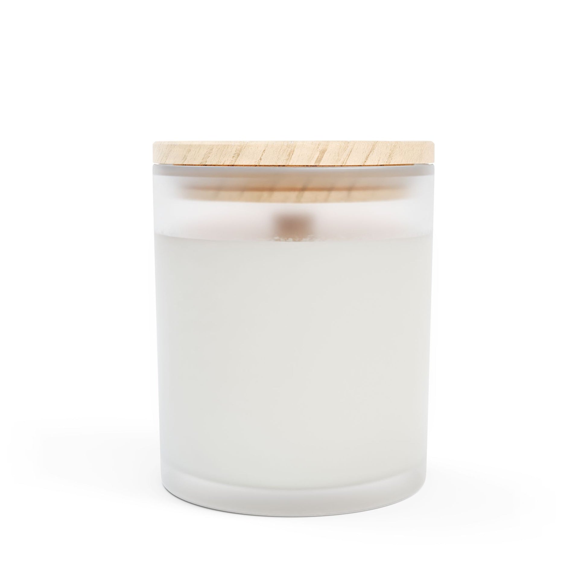 A frosted glass candle with a wooden wick and a label that includes hearts and text indicating it is made with coconut soy blended wax, hand-poured in the USA.