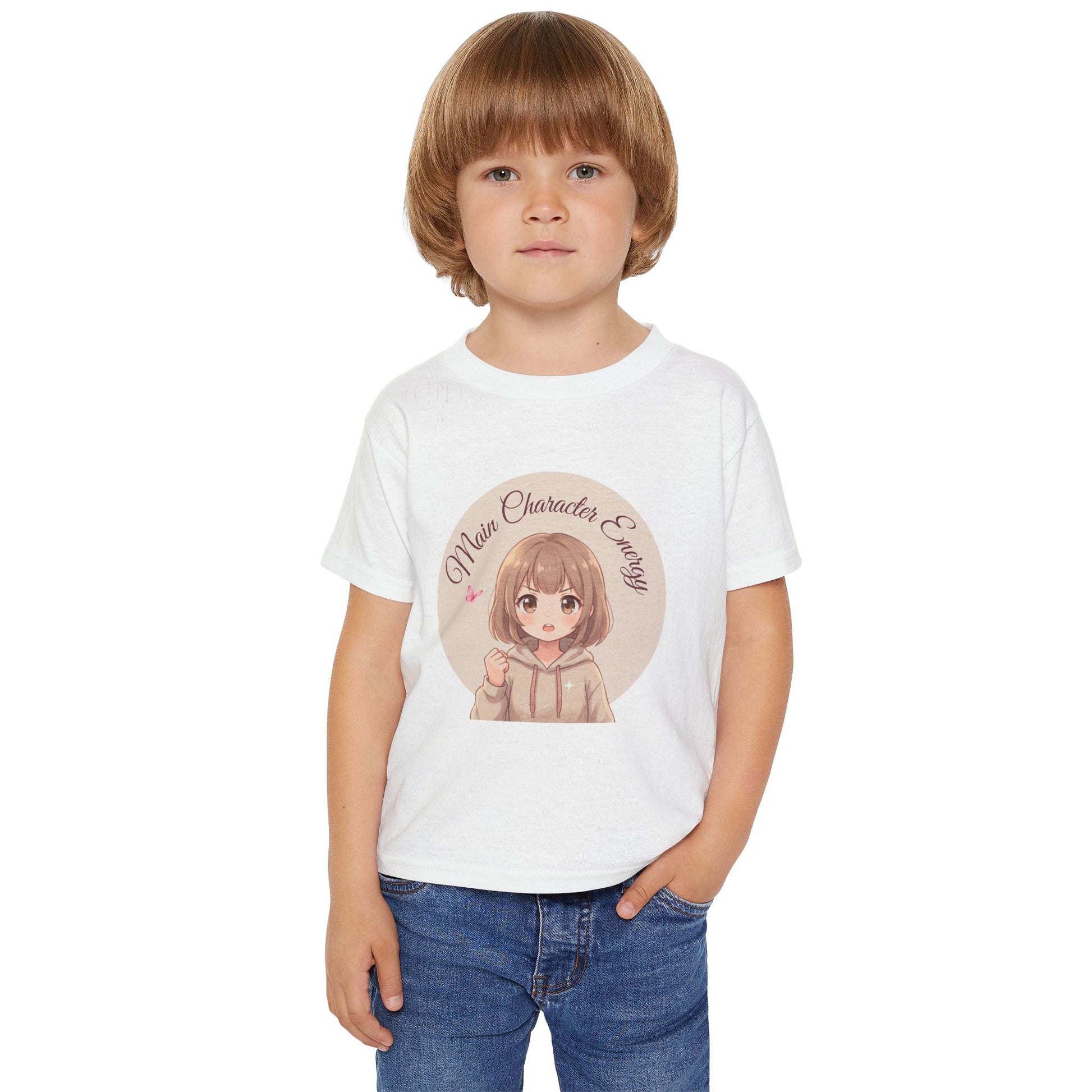"Cute anime girl graphic baby t-shirt with text Main Character Energy, front view."