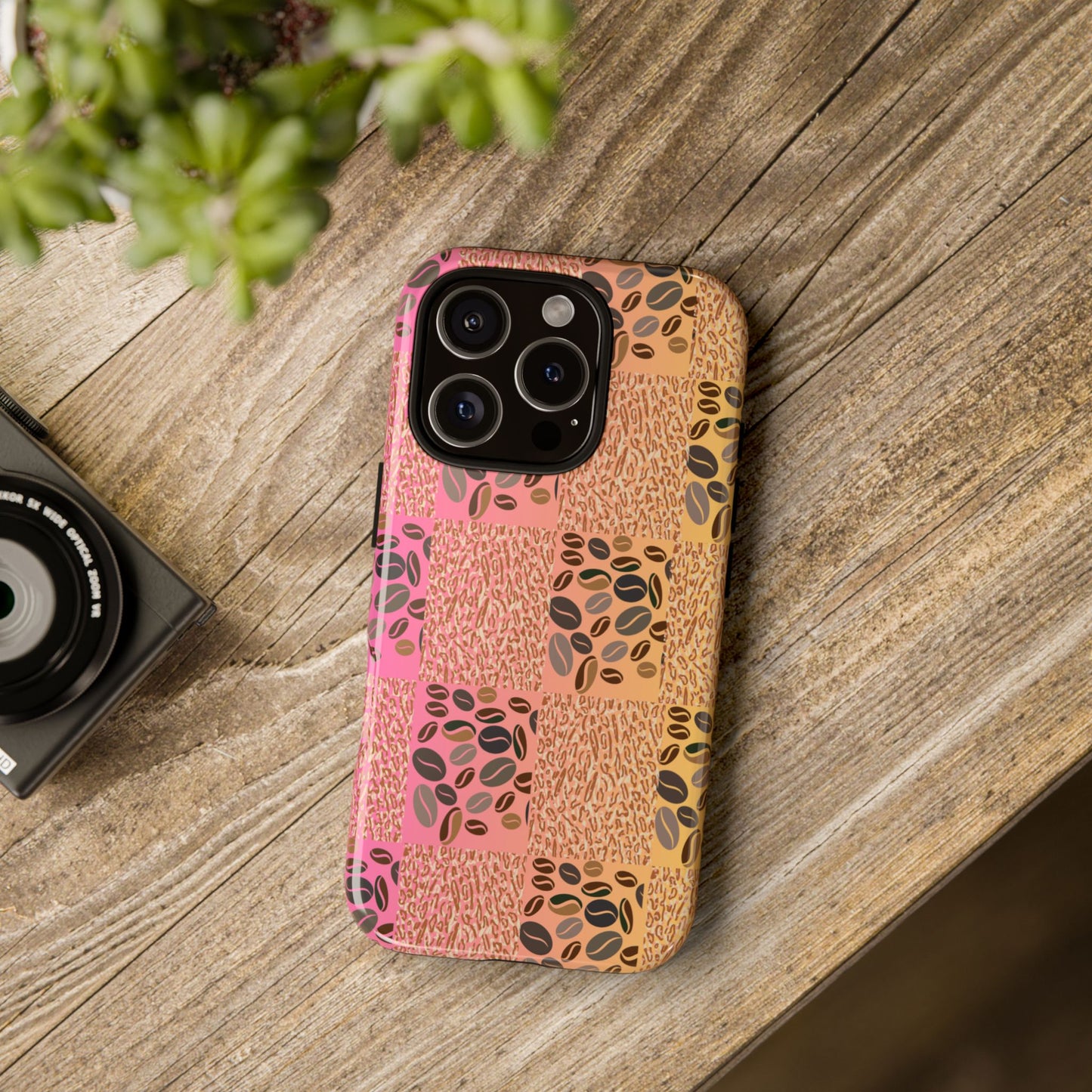 Tough Phone Case – Coffee Bean & Tiger Print with Gradient Background