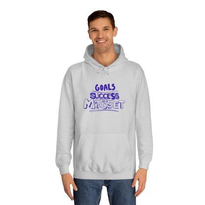 Person wearing a gray hoodie with a motivational quote on a white background