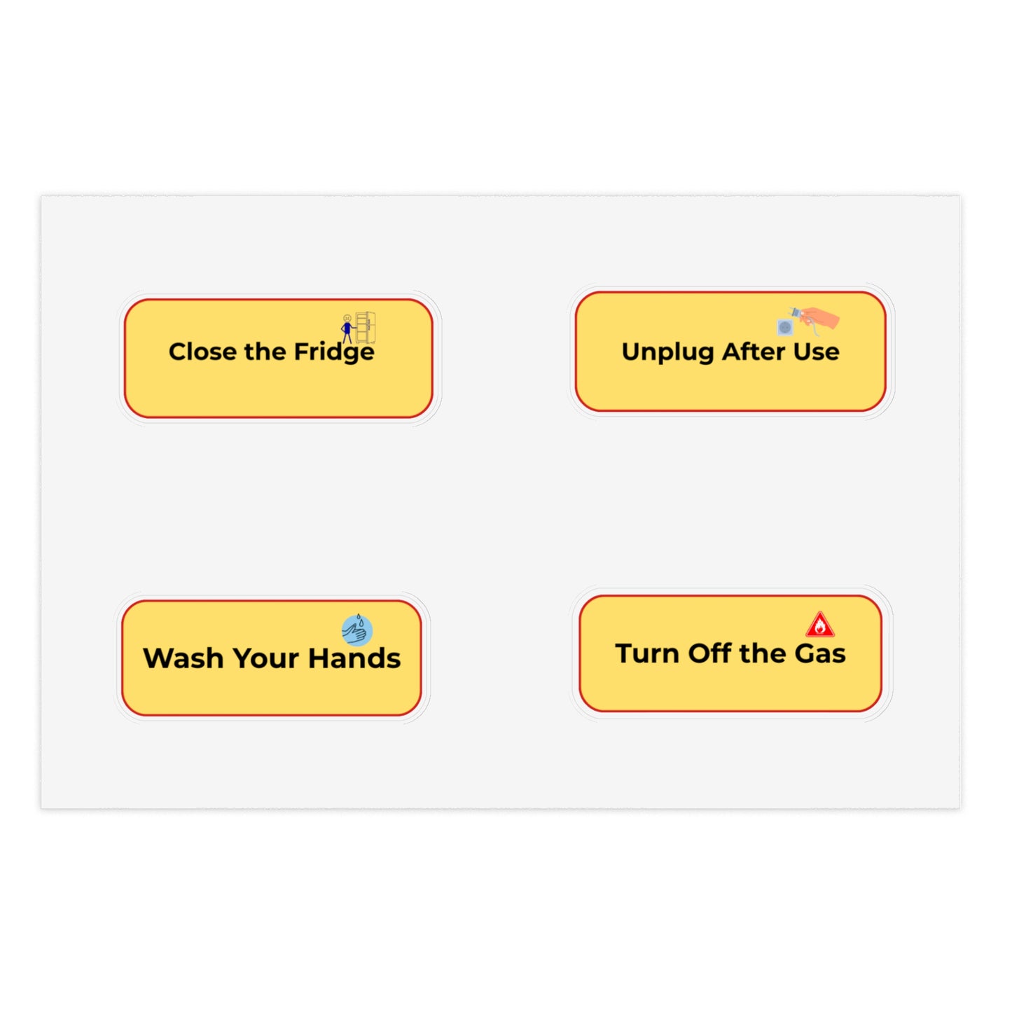 Four yellow rectangular stickers with safety instructions on a white background