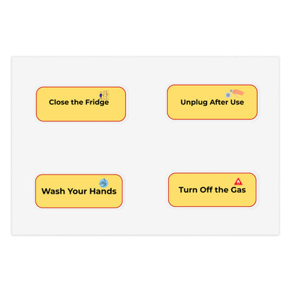 Four yellow rectangular stickers with safety instructions on a white background