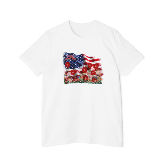 Watercolor American flag decorated with patriotic red and white flowers and Happy Labor Day text, perfect for celebrating the USA Labor Day holiday.