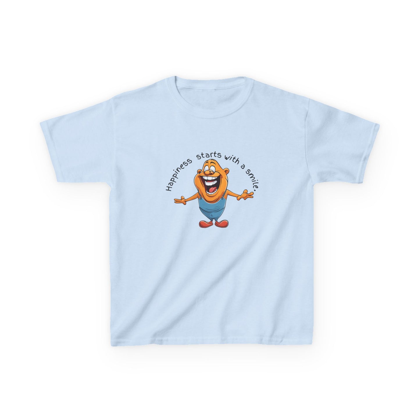 Kids cotton t-shirt with cute cartoon character and “Happiness Starts with a Smile” text