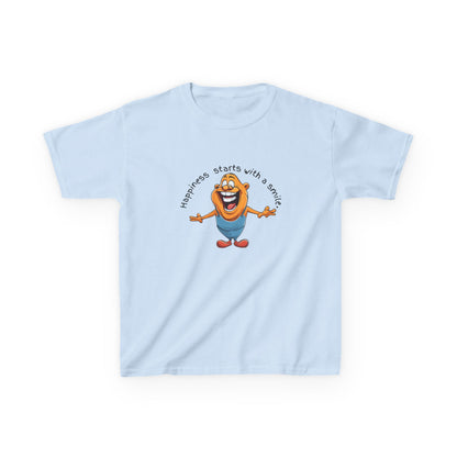 Kids cotton t-shirt with cute cartoon character and “Happiness Starts with a Smile” text