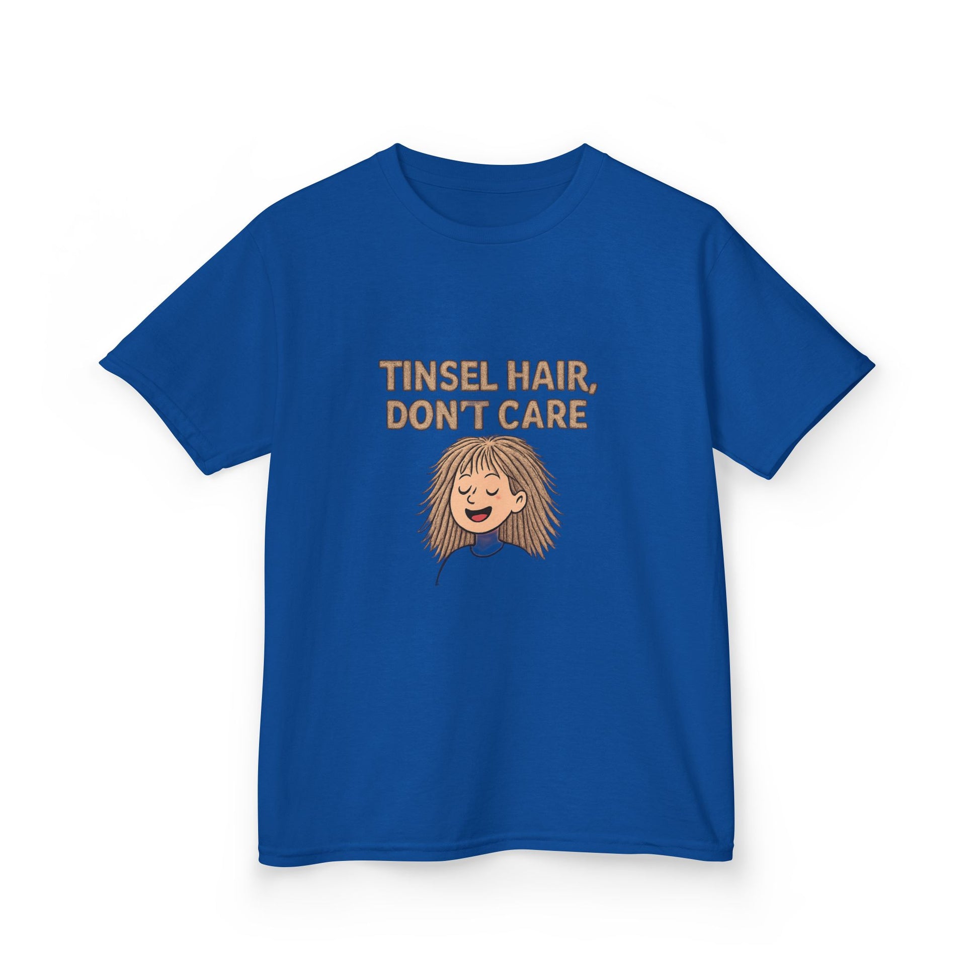Blue t-shirt with 'Tinsel Hair, Don't Care' text and cartoon girl on a white background
