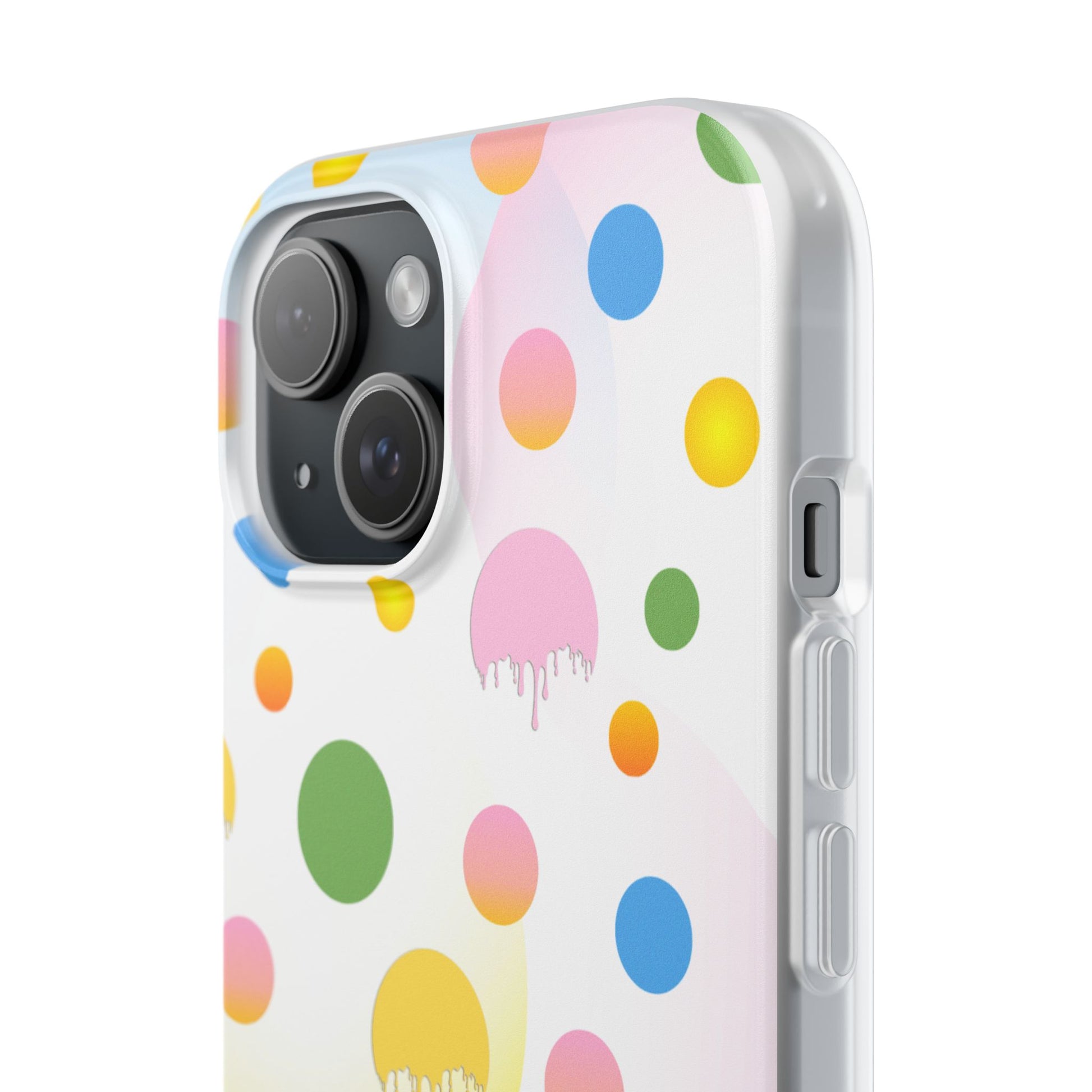 Phone case with colorful polka dot pattern on a white background