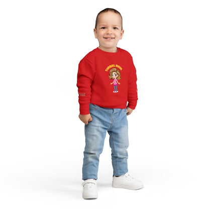 Child wearing a red sweatshirt with a graphic design on a white background