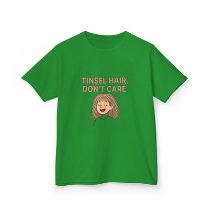 Green t-shirt with 'Tinsel Hair, Don't Care' text and cartoon character on a white background