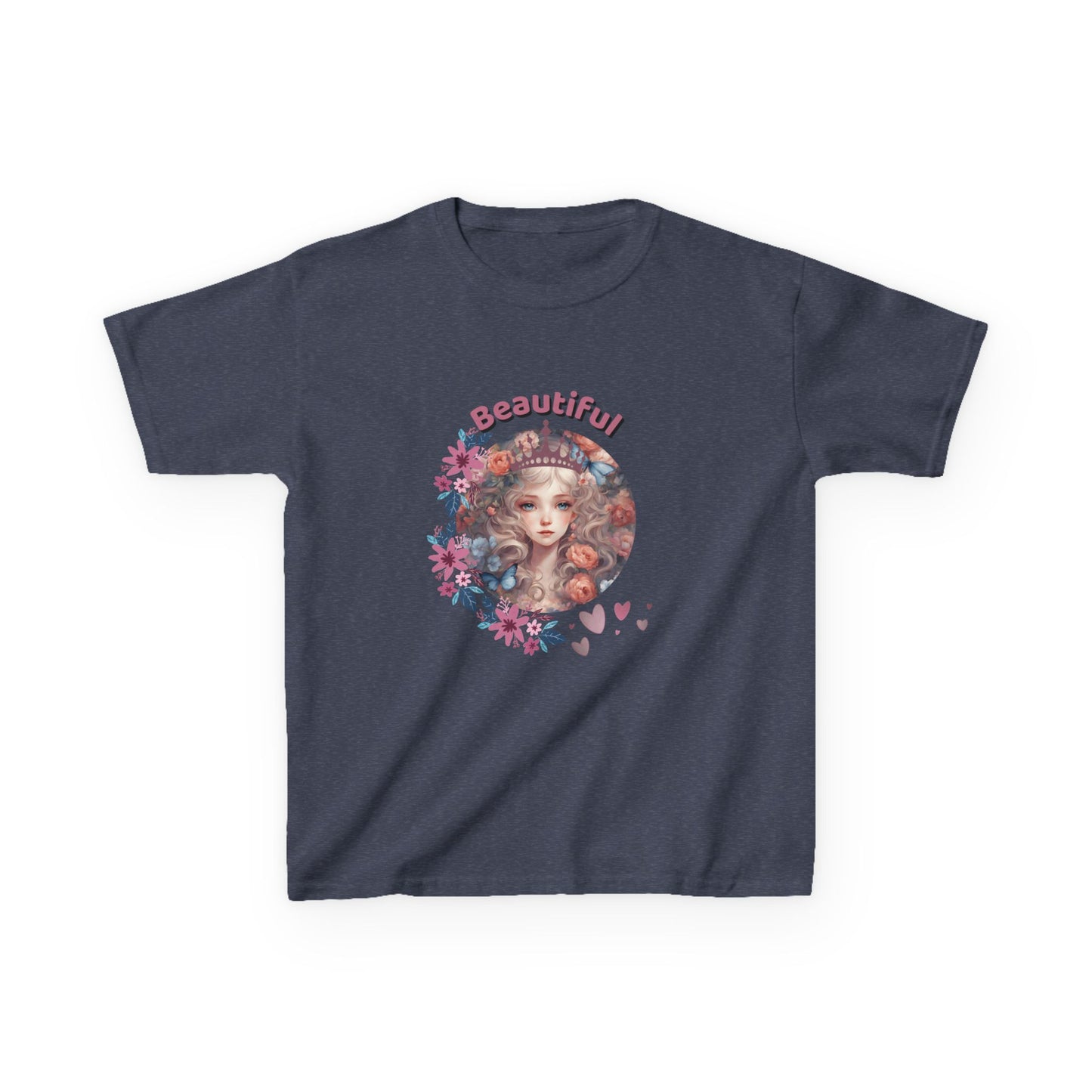 Navy blue t-shirt with a colorful graphic of a woman's face surrounded by flowers and the word 'Beautiful' on a white background.