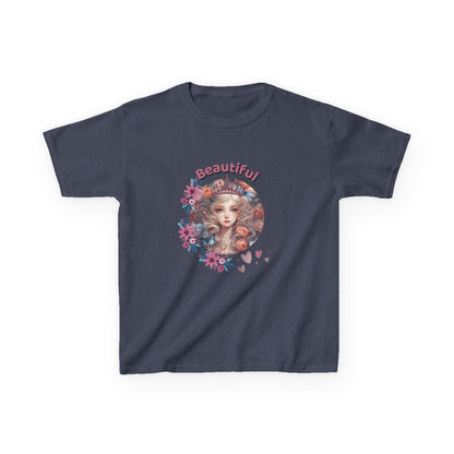 Navy blue t-shirt with a colorful graphic of a woman's face surrounded by flowers and the word 'Beautiful' on a white background.