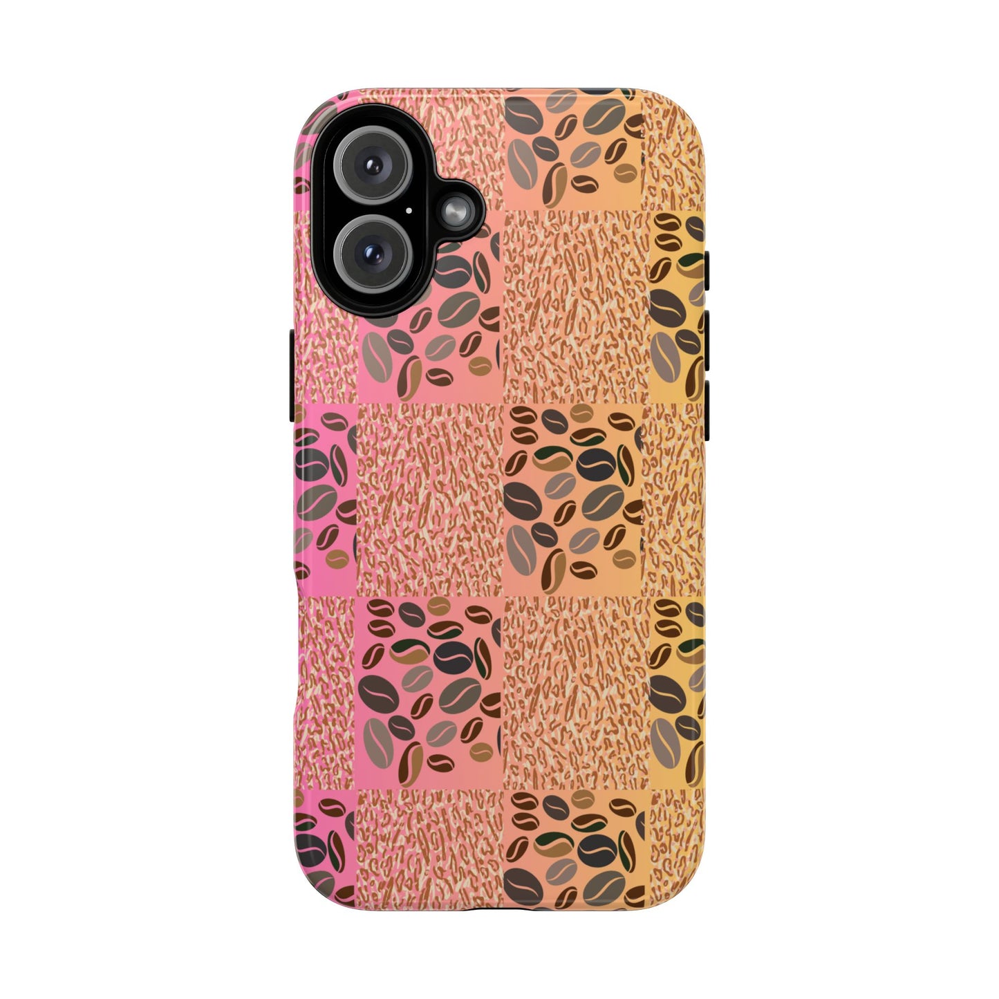 Glossy i phone16 plus case with coffee beans and tiger print – bold and energizing style