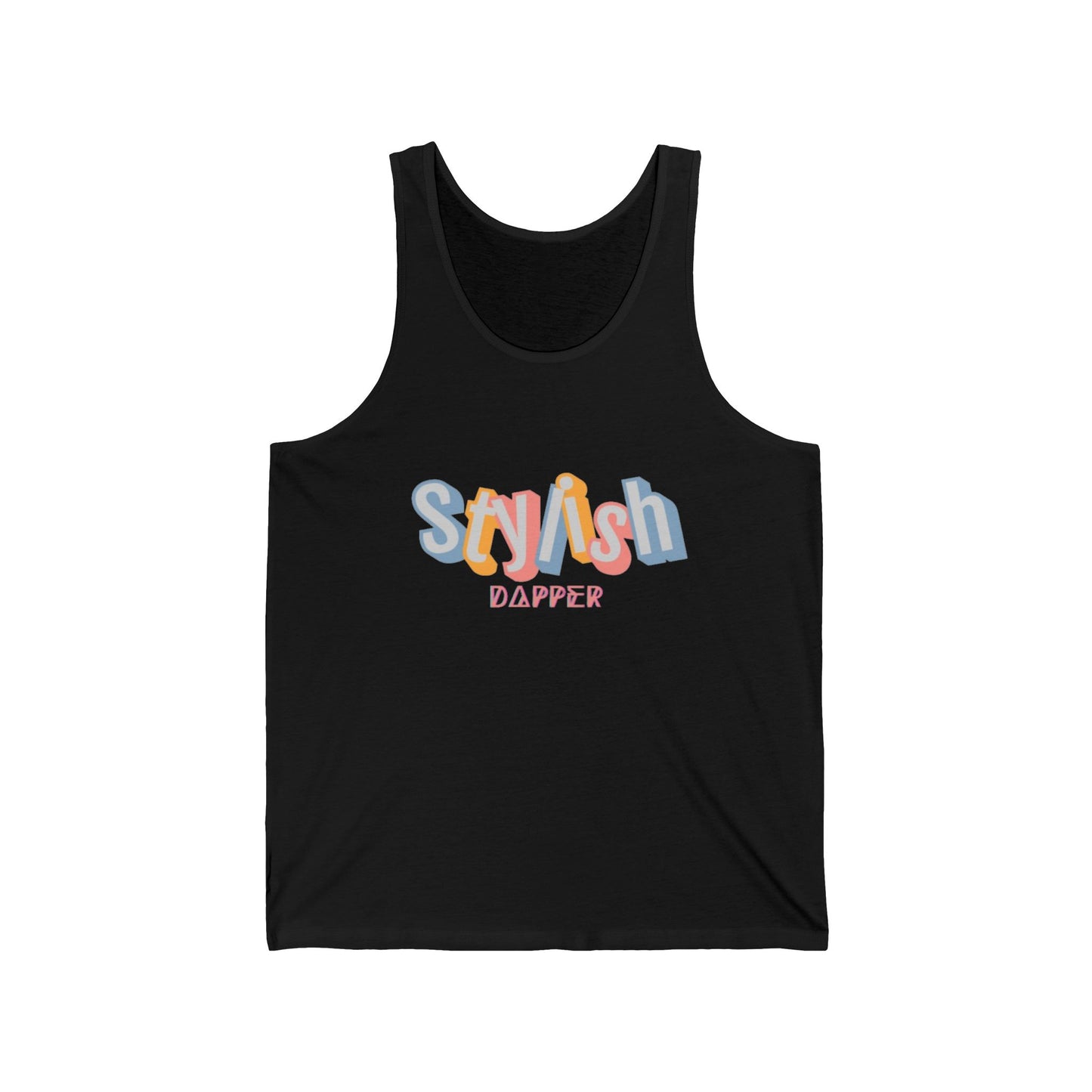 Black Unisex jersey tank with “Stylish Dapper” text on front