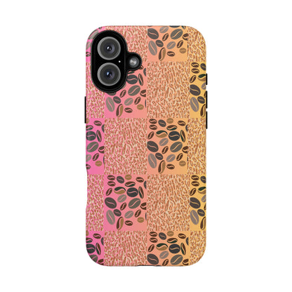 Matte i phone 16 pluscase featuring tiger pattern and scattered coffee beans – sleek and wild look