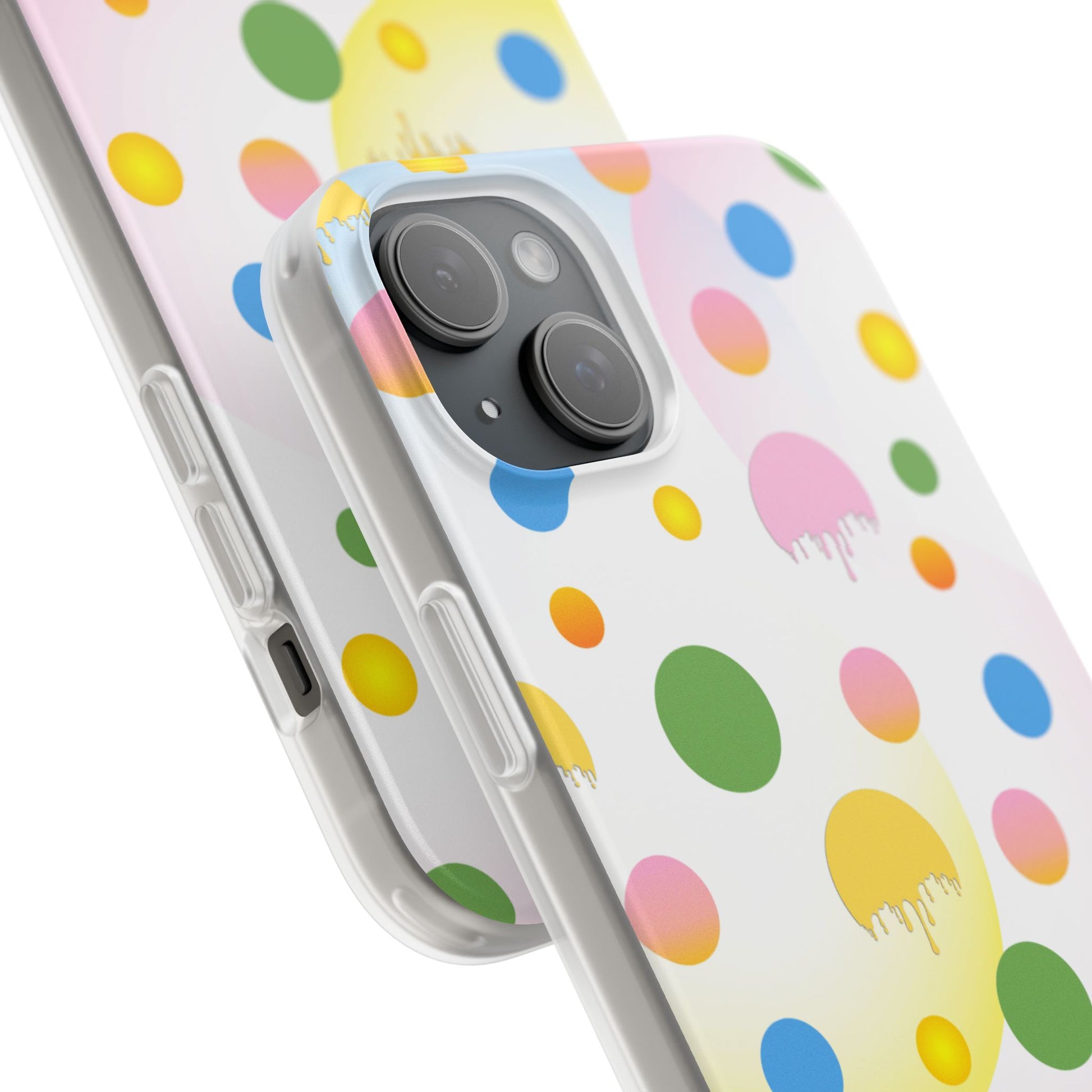 Phone case with colorful polka dot pattern on a white background