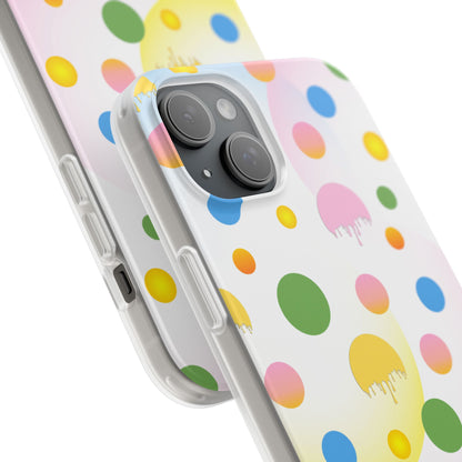 Phone case with colorful polka dot pattern on a white background