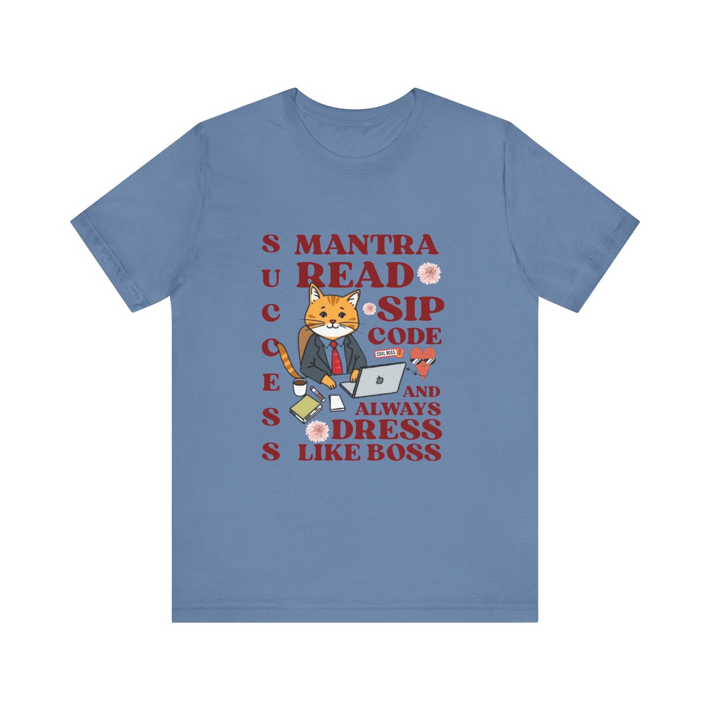 Blue t-shirt with a fox graphic and text on a white background