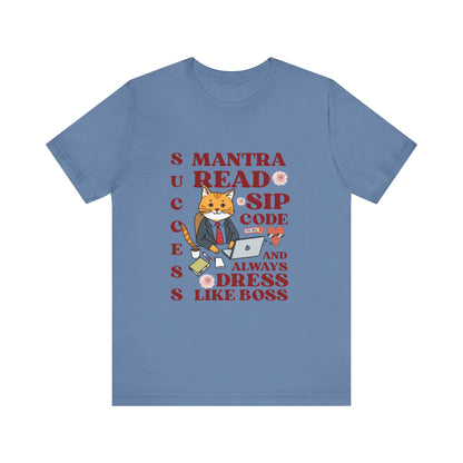 Blue t-shirt with a fox graphic and text on a white background