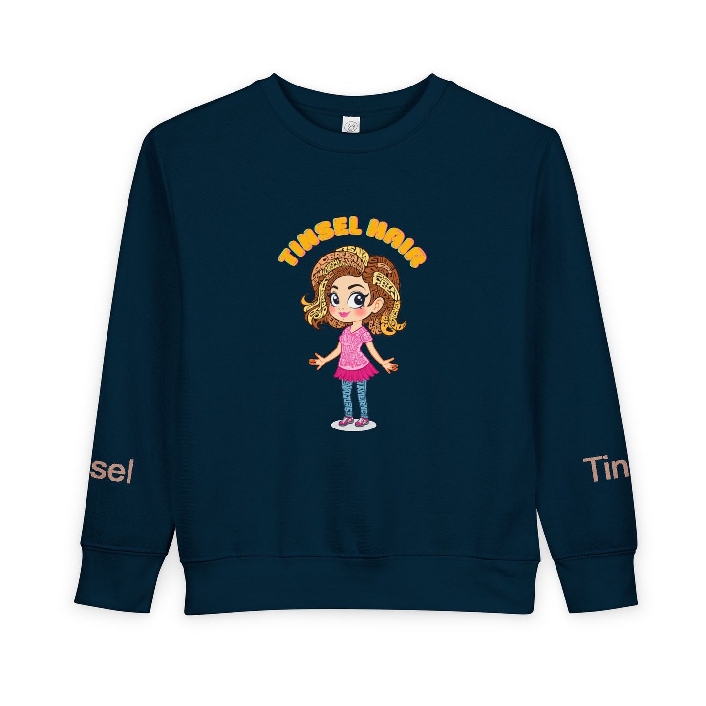 Navy blue sweatshirt with cartoon character and 'Tinsel' text on a white background