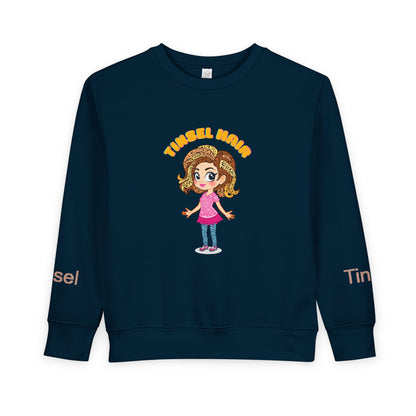 Navy blue sweatshirt with cartoon character and 'Tinsel' text on a white background