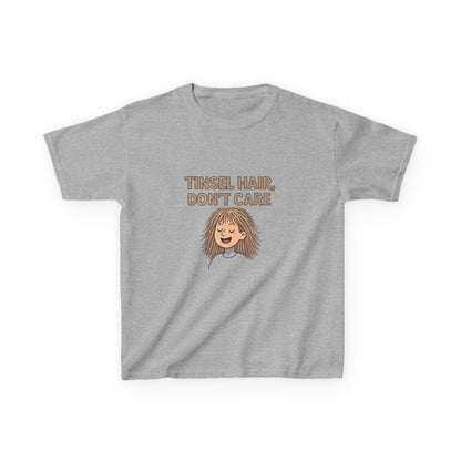 Gray t-shirt with 'Tinsel Hair, Don't Care' text and cartoon character on a white background