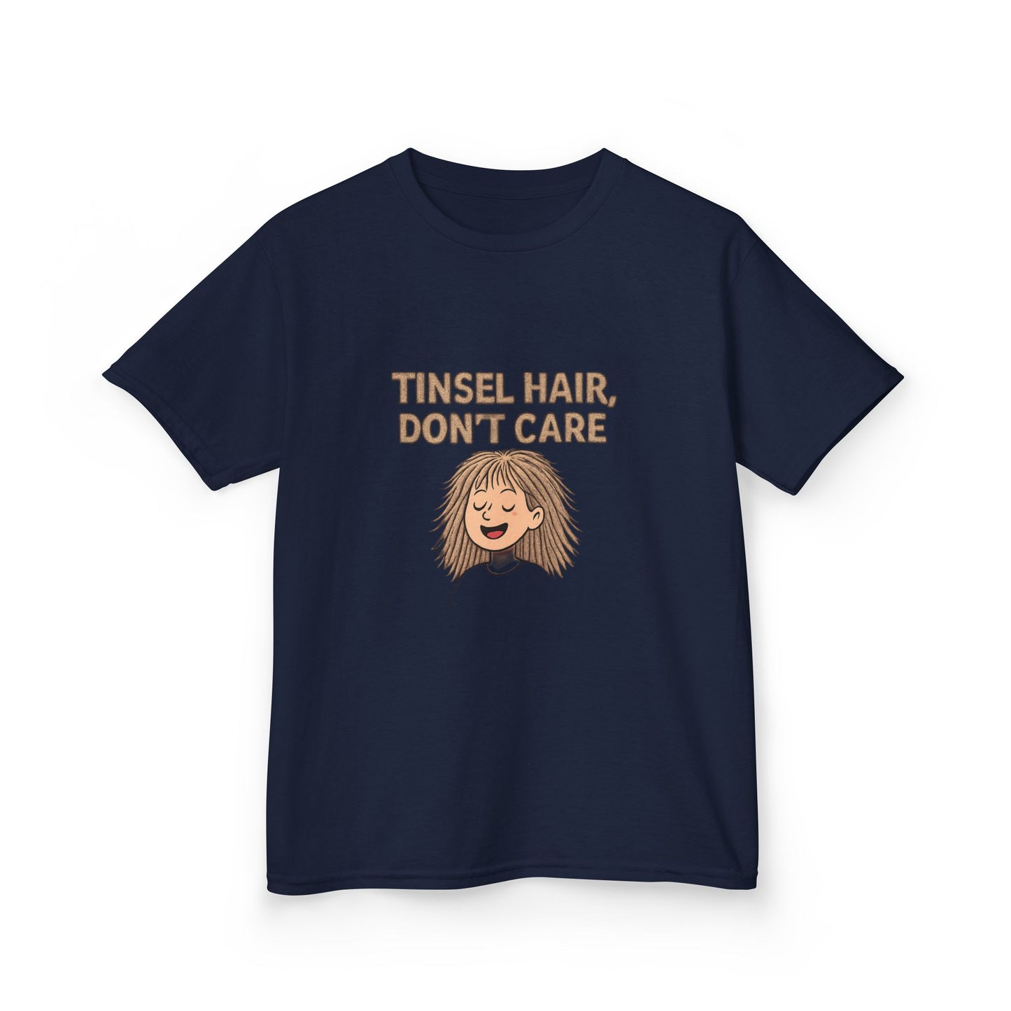 Navy blue t-shirt with 'Tinsel Hair, Don't Care' text and graphic on a white background
