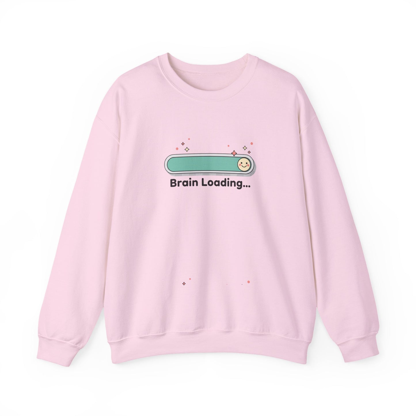 Pink sweatshirt with 'Brain Loading...' graphic on a white background