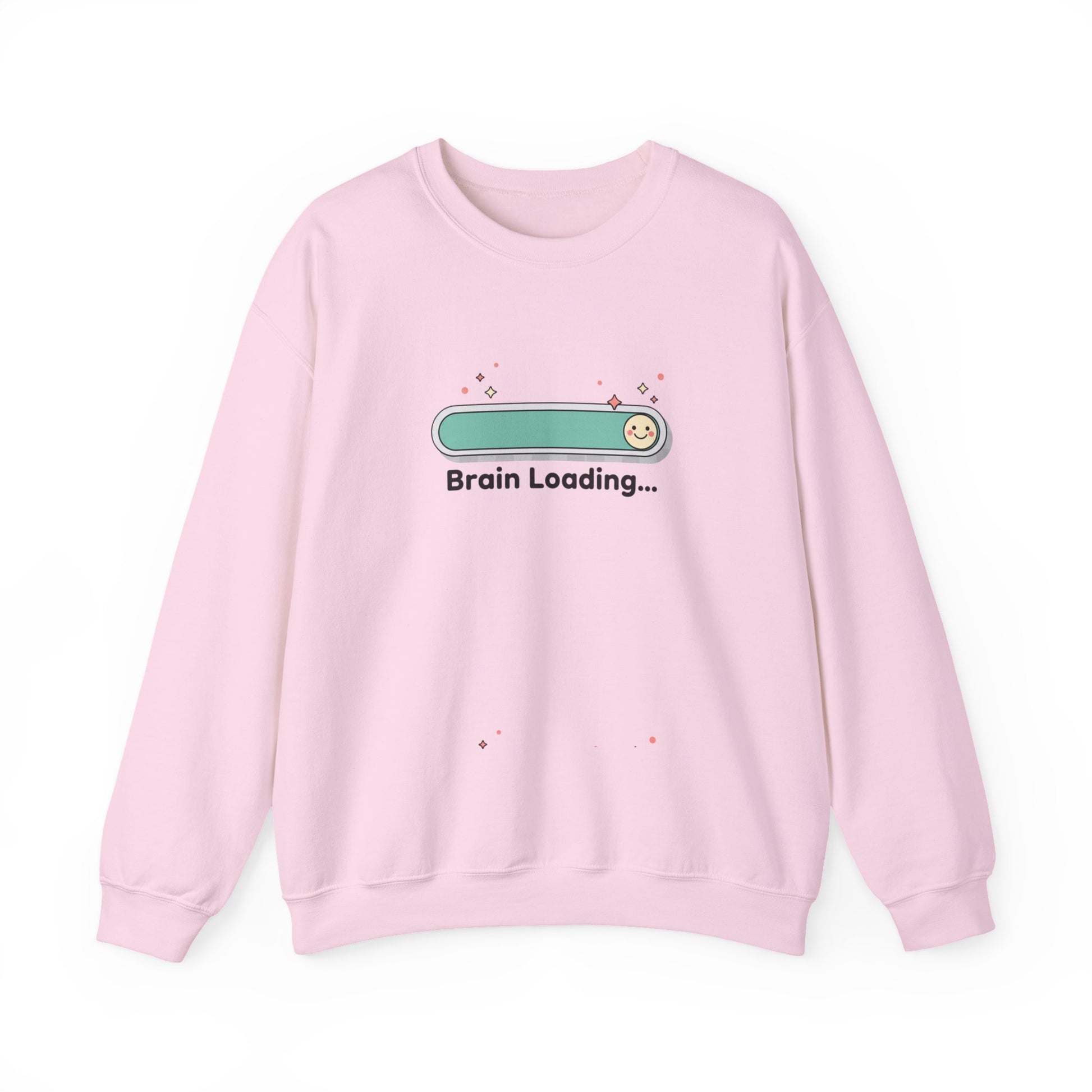Pink sweatshirt with 'Brain Loading...' graphic on a white background