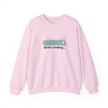 Pink sweatshirt with 'Brain Loading...' graphic on a white background