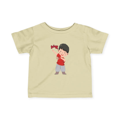 Baby wearing natural fine jersey tee with soft cotton fabric

