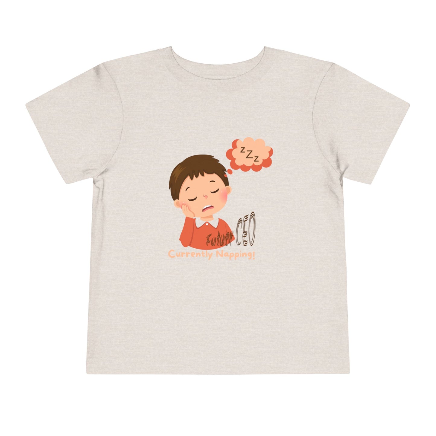 Toddler short sleeve t-shirt with sleeping child illustration and “Future CEO, Currently Napping” text