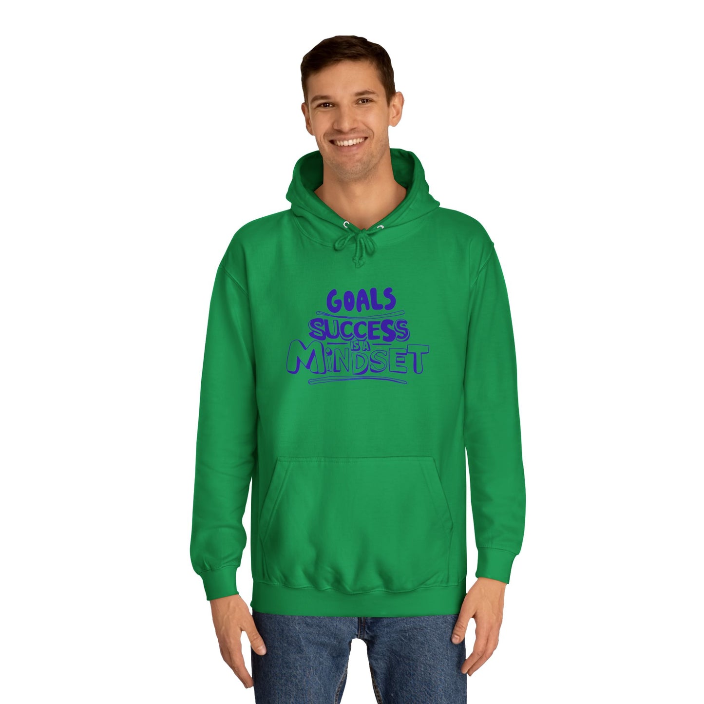 Person wearing a green hoodie with text on a white background