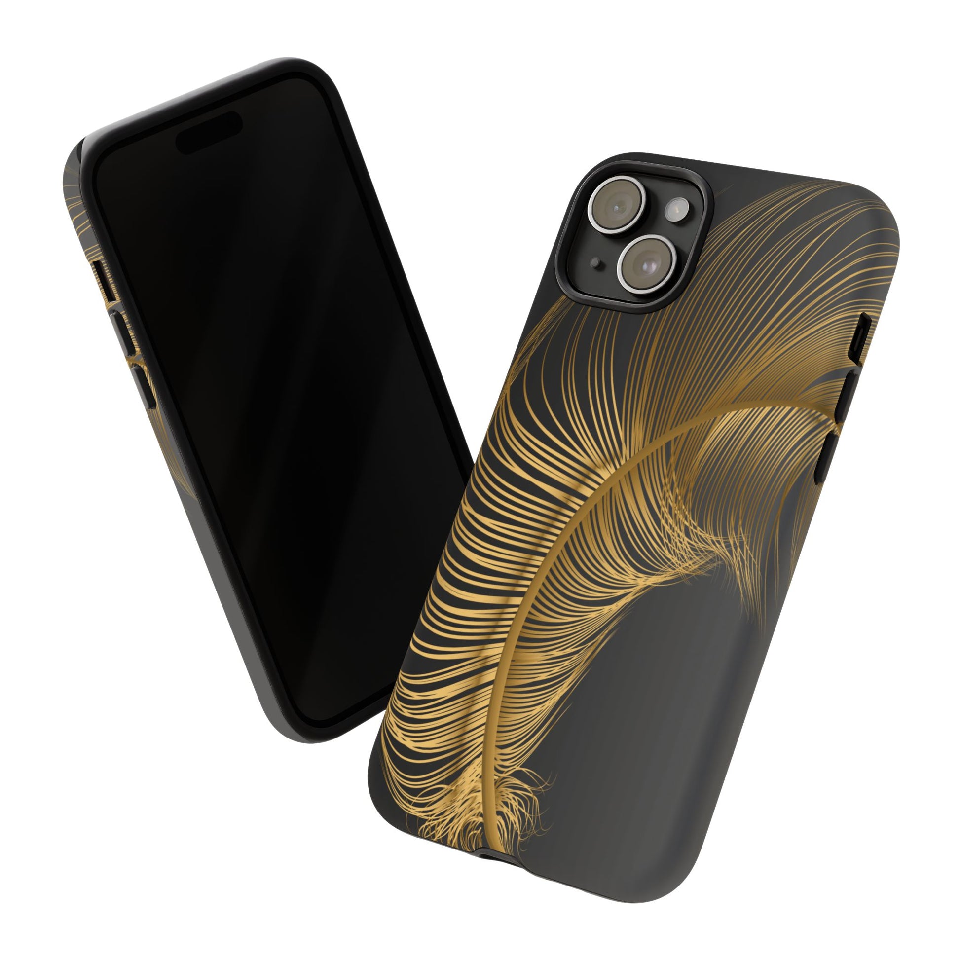 Phone case with gold feather design on black background