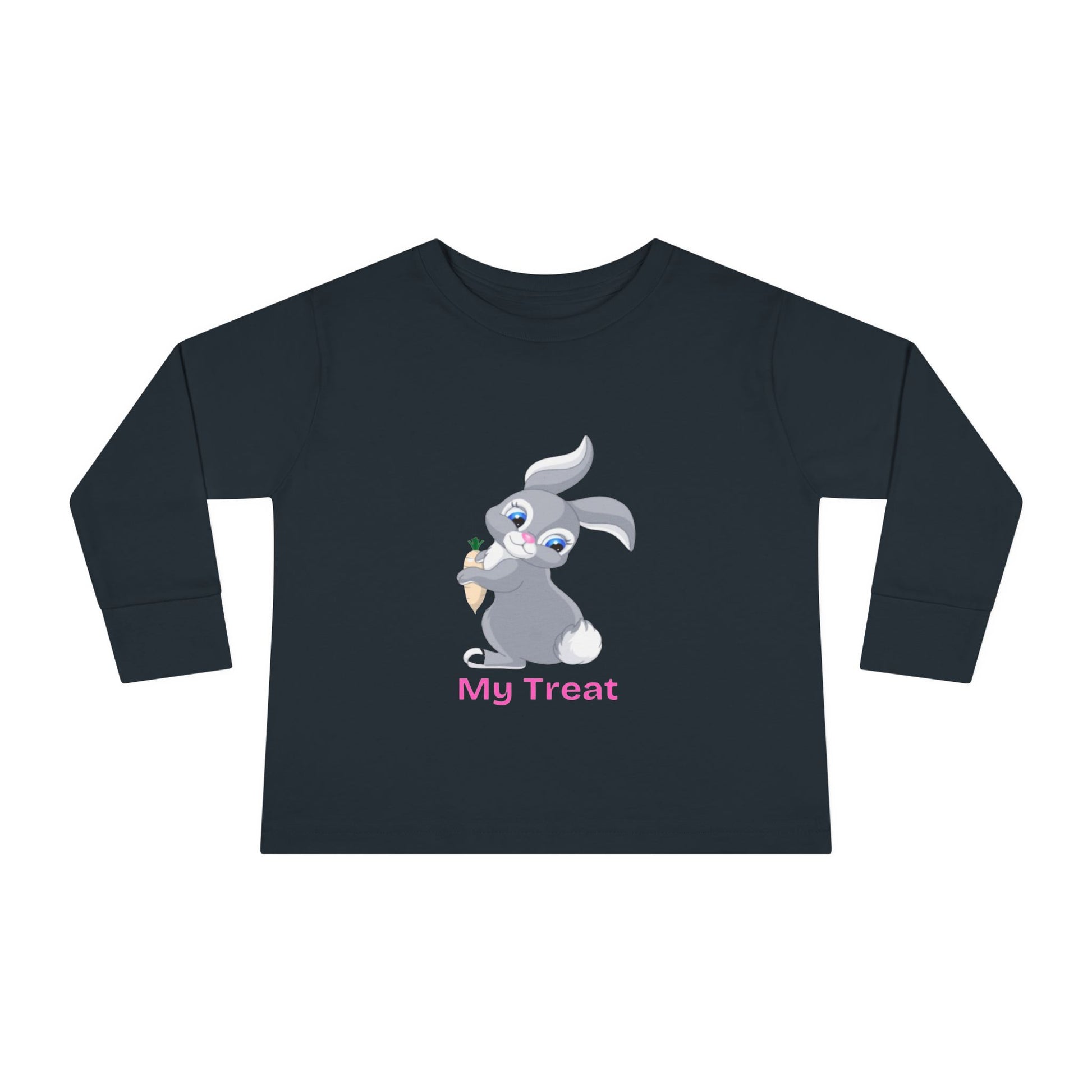 Black long-sleeve shirt with a cartoon rabbit holding a ice cream cone and 'My Treat' text on a white background.