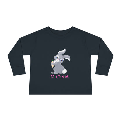 Black long-sleeve shirt with a cartoon rabbit holding a ice cream cone and 'My Treat' text on a white background.