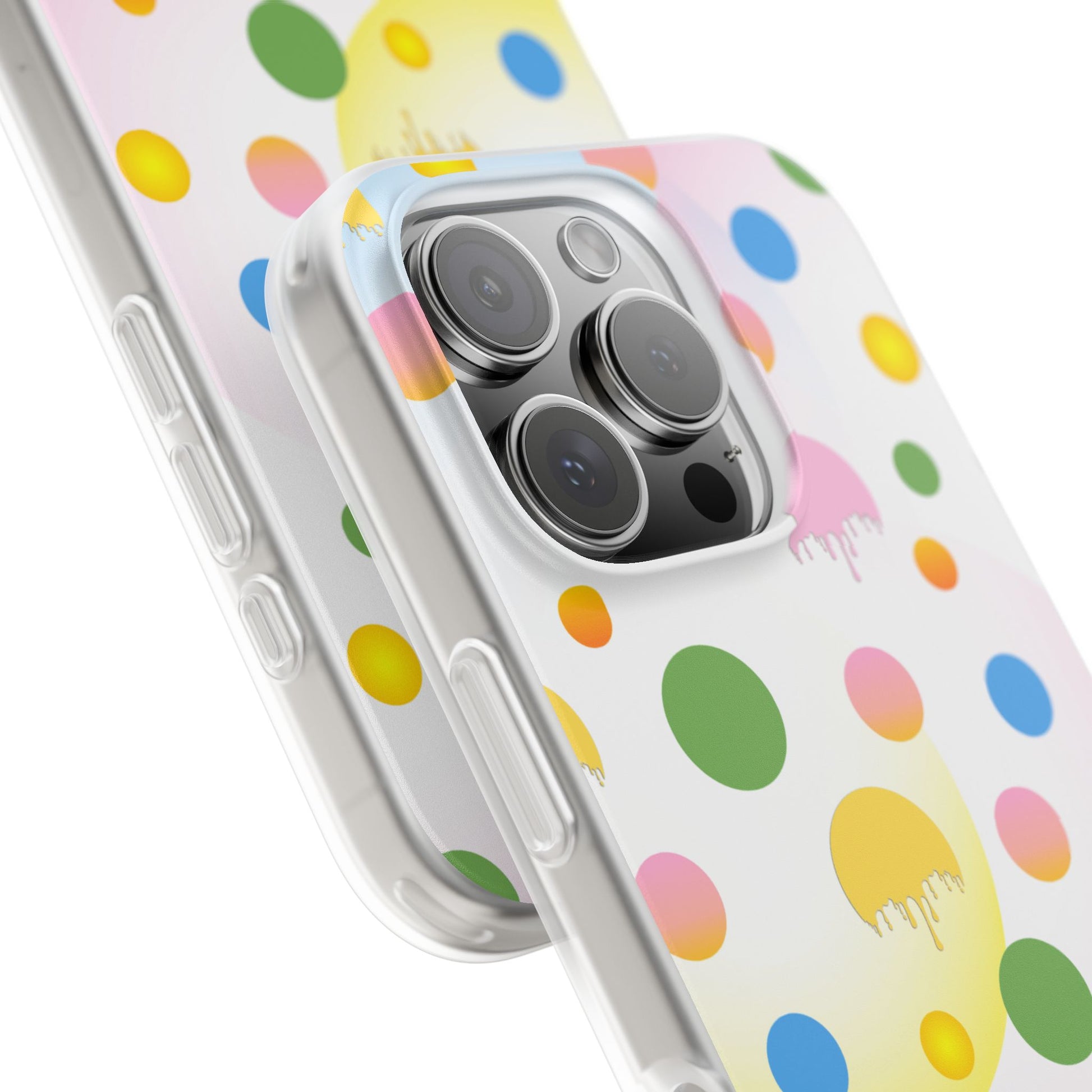 Phone case with colorful polka dot pattern on a white background