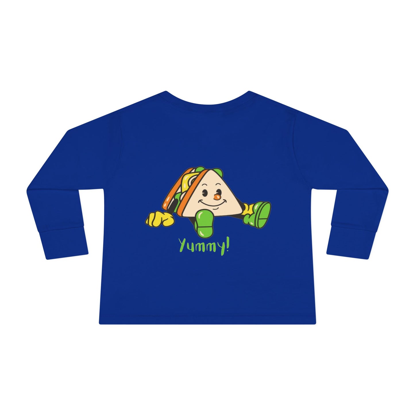 Blue long-sleeve shirt with a taco graphic and 'Yummy!' text on a white background