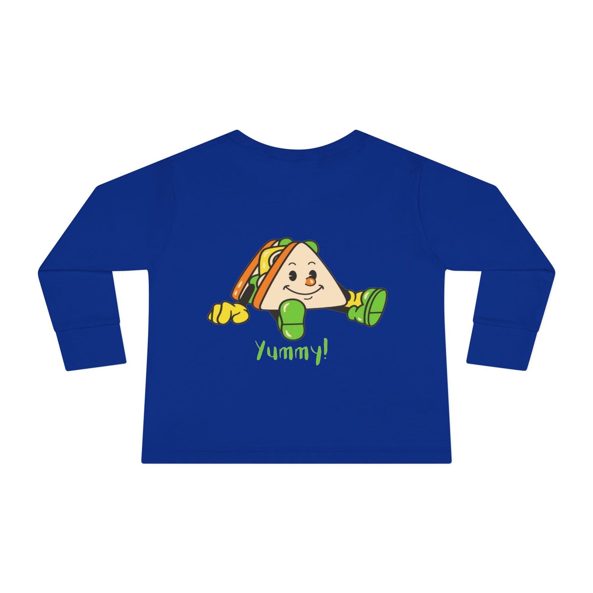 Blue long-sleeve shirt with a taco graphic and 'Yummy!' text on a white background
